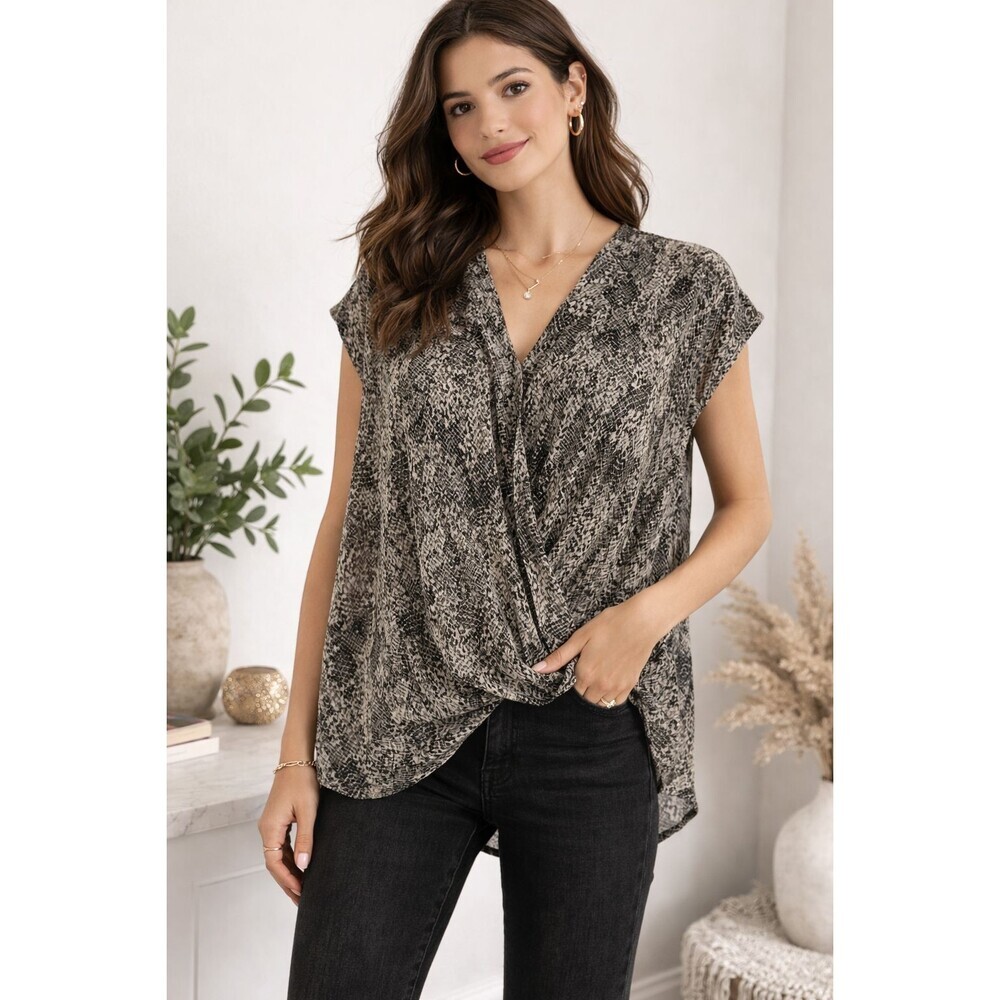 Maurices Women Snakeskin Brown Sz L Sleeveless V Neck Flowing Faux Wrap Blouse R